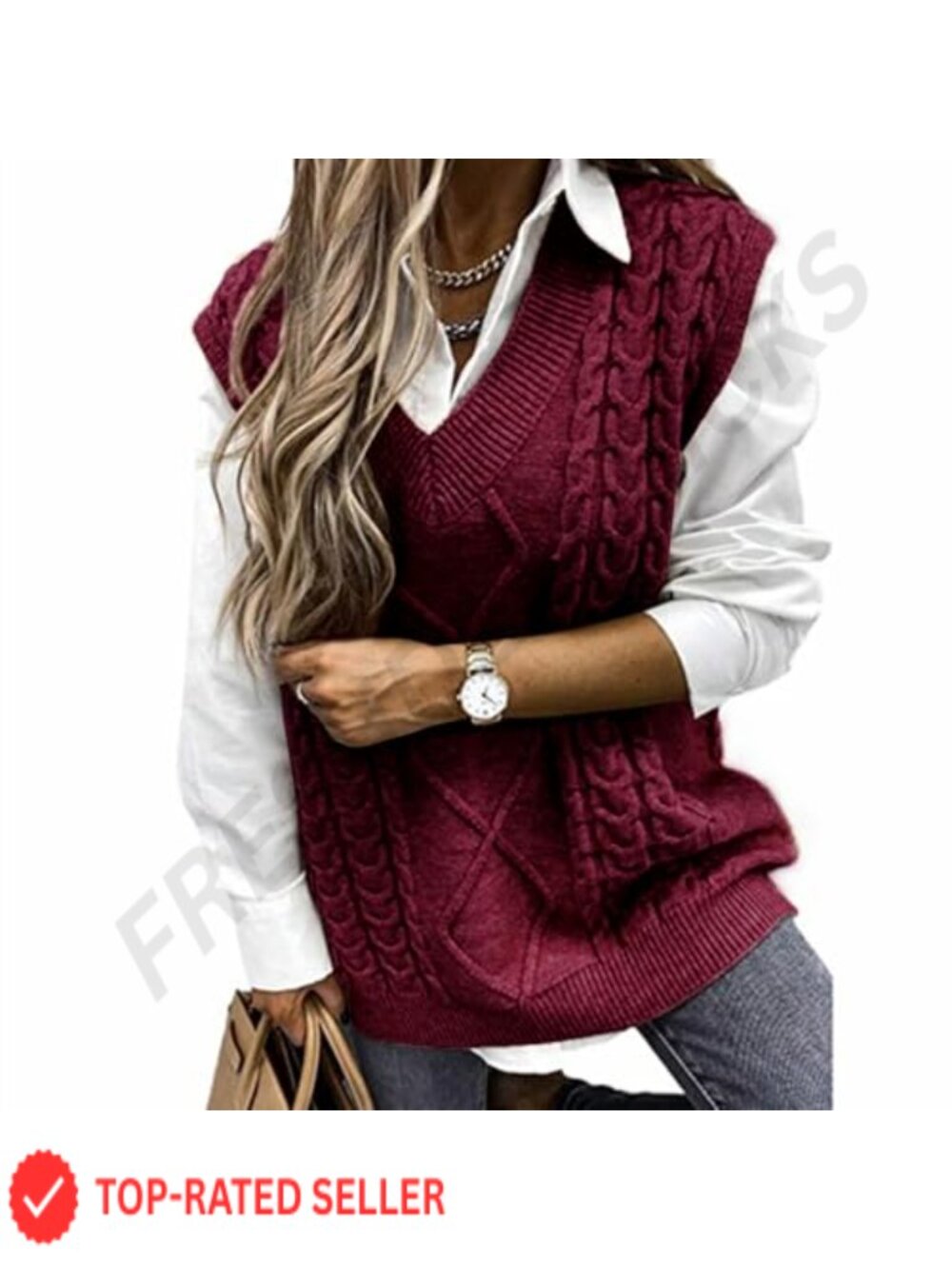Loose Knit Sweater Vest Sleeveless V-Neck Cable Pullover Top